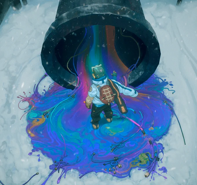 its a view from above, a character in a helmet with a vr headset and multiple sleeved jacket, stands on a big splash of colorful goo, laced with wiring coming out of a pipe. While snow falls from the sky.