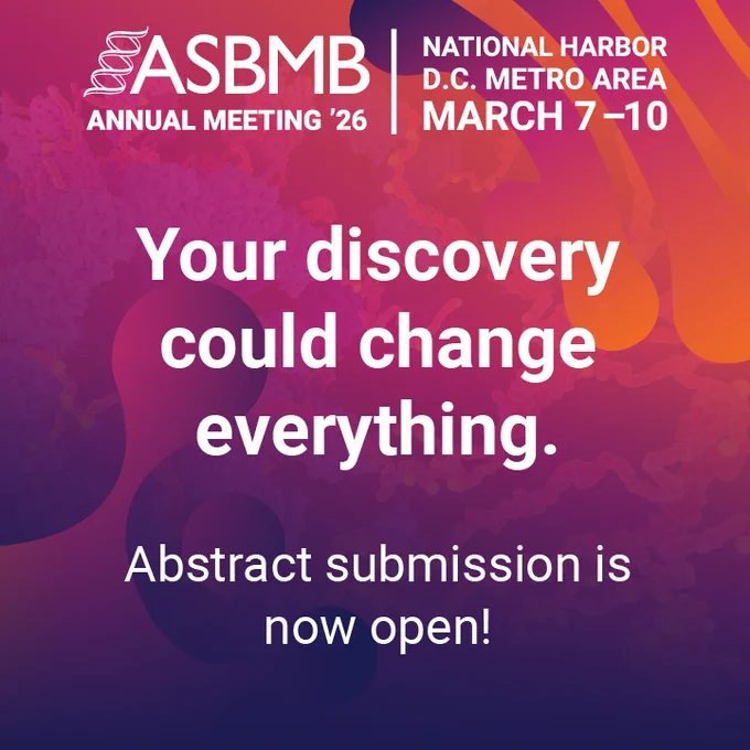 Text reads your discovery could change everything. Abstract submission is now open. The background is a scientific image behind a blue, pink and orange gradient.