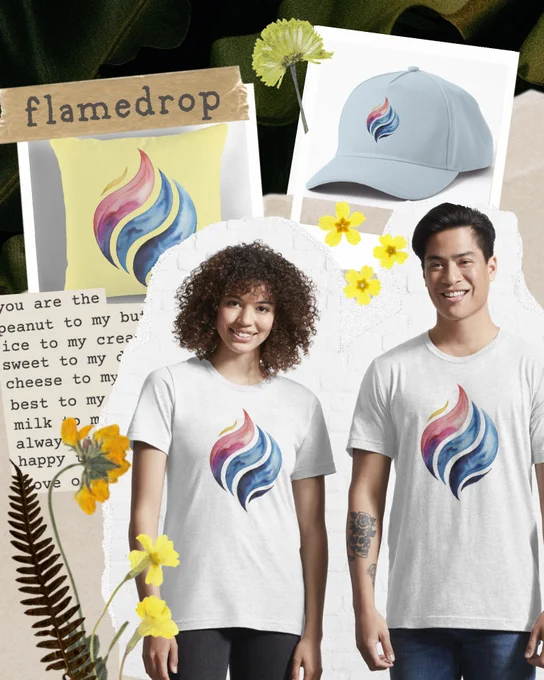 A minimalist collage featuring products with the Flamedrop design including white T-shirts, a light blue cap, and a yellow pillow. The design shows an abstract drop shaped flame in shades of blue, pink, and purple. Surrounding the products are yellow flowers and textured paper cutouts for a natural creative look.