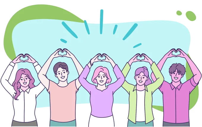 A cartoon drawing of five diverse people, arms held above their heads to form a human chain.
