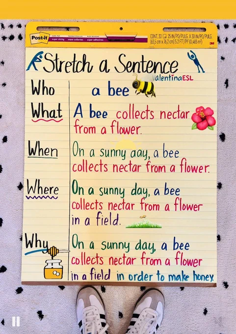 "Stretch a Sentence" anchor chart provides sample sentences that include information prompted by the question words who what, when, where, why, and how.