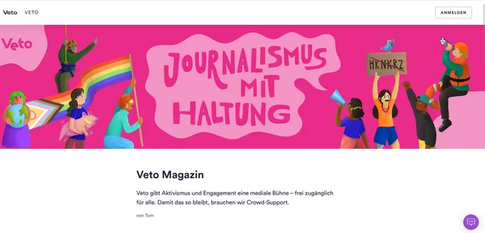 Screensot Veto-Profil bei Steady. Man sieht Illu mit Aktivstinnen und den Claim "Journalismus mit Haltung" 
