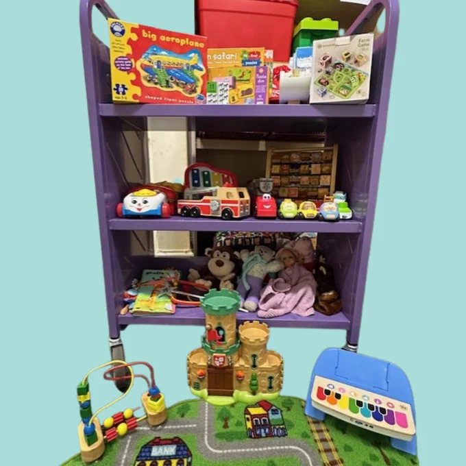 A purple library trolley full of toys, such as Duplo, toy instruments, and dolls. In front is a children's mat.