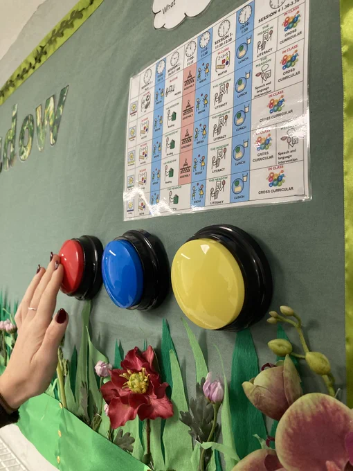 Voice buttons at the entrance to The Meadow welcome children to the new space