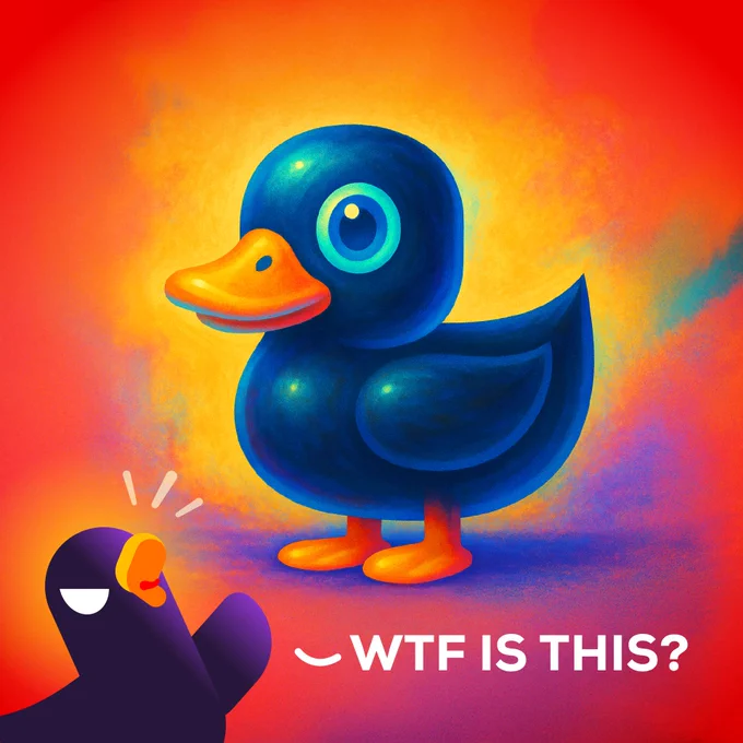 In the middle, there is an AI-generated picture of a duck. Below it, there is a human-illustrated Duck, looking at the other duck in shock, and saying "Wtf is this?"
