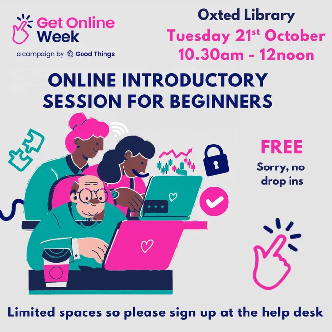 Grey background with colourful pink and green graphics of people using technology advertising our session on Tuesday 21st October 10.30am - 12noon.