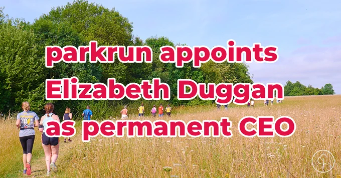 Image of group of parkrunners at event with the following text on top - parkrun appoints Elizabeth Duggan as permanent CEO