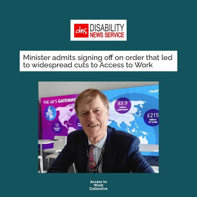 Disability News Service article screenshot of headline and image: Minister admits signing off on order that led to widespread cuts to Access to Work. Stephen Timms is pictured below the headline. 