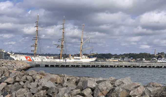 USCG BarqueEagle with Fort Griswold monument in background