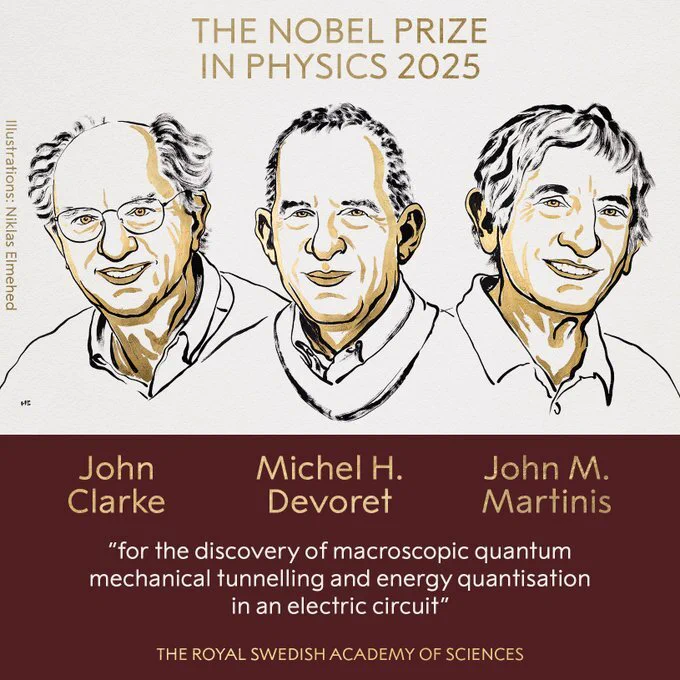 Illustrated portraits of the three recipients of the 2025 Nobel Prize in Physics drawn in gold and black ink on a beige background with their names in gold on a dark brown background underneath. From left to right:  John Clarke, Michel H. Devoret, and John M. Martinis. Text in beige at the top reads “THE NOBEL PRIZE IN PHYSICS 2025.” At the bottom is a quote from the Nobel announcement reading “for the discovery of macroscopic quantum mechanical tunneling and energy quantisation in an electrical circuit.” Below that is text reading “THE ROYAL SWEDISH ACADEMY OF SCIENCES.” And an image credit runs along the left side for Niklaus Elmehed.