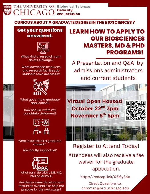A red and white flyer advertising a virtual open house for the Biological Sciences Graduate programs being held on October 22nd and November 5th you can register to attend here: https://redcap.link/03i6y34e