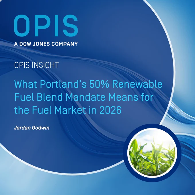 Promotional graphic by OPIS, a Dow Jones Company, featuring an article titled 'What Portland's 50% Renewable Fuel Blend Mandate Means for the Fuel Market in 2026' by Jordan Godwin. The graphic includes swirling blue abstract designs and an inset image of lush green foliage.