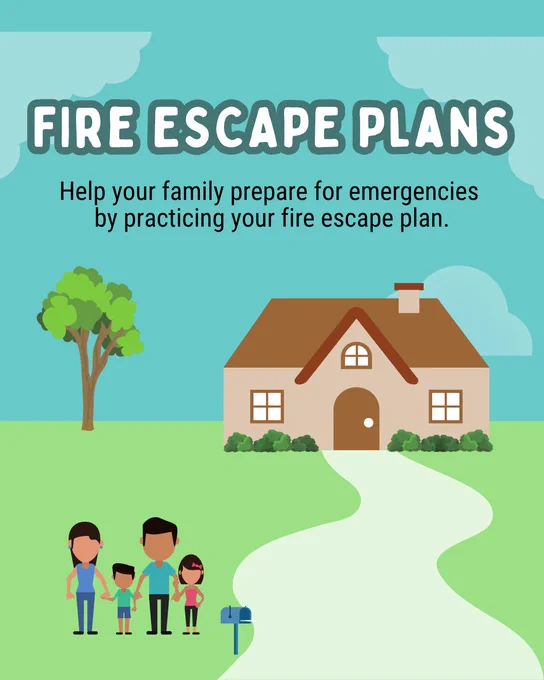 A family stands next to a mailbox at the end of driveway away from the house. Text reads "Fire escape plans: help your family prepare for emergencies by practicing your fire escape plan."
