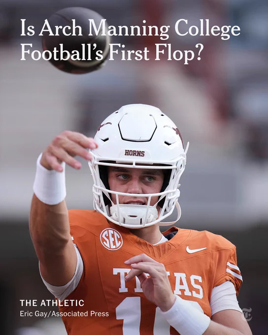 Arch Manning in an orange and white Texas football jersey tosses a football. Text reads: Is Arch Manning College Football's First Flop?