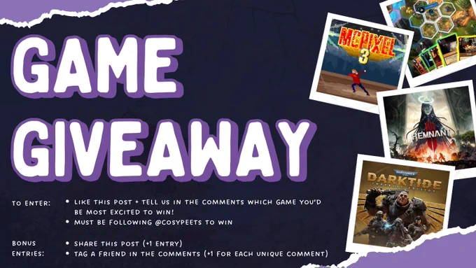 Promotional image for a game giveaway. The text is white with a purple border. Polaroid-style images are showing the four games included in the giveaway (Hexarchy, McPixel 3, Remnant 2, Warhammer 40k: Darktide). There are torn-paper-style border decorations, giving it a scrapbook feel.