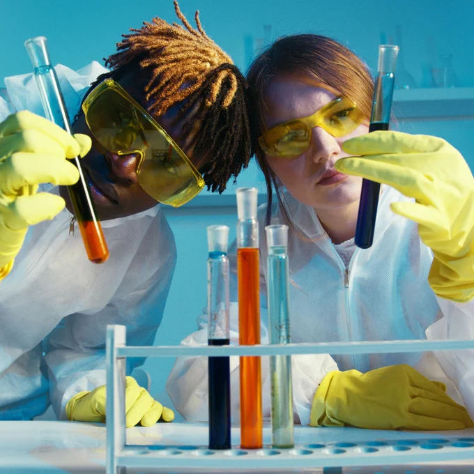 Two scientists in protective gear analyzing test tubes in a laboratory setting.