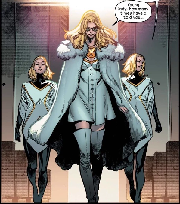 Emma Frost from House of X #3 with two Cuckoos behind her.