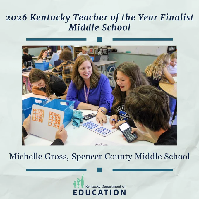 2026 Kentucky Middle School Teacher of the Year, Michelle Gross of Spencer County Middle School. Photo shows her working with students on math problems
