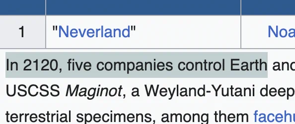 Text that reads 'In 2120, five companies control Earth'
