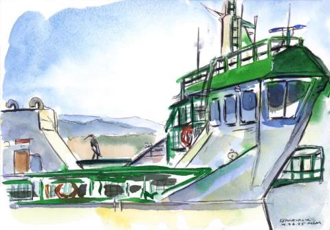 Watercolor art of a ferry.