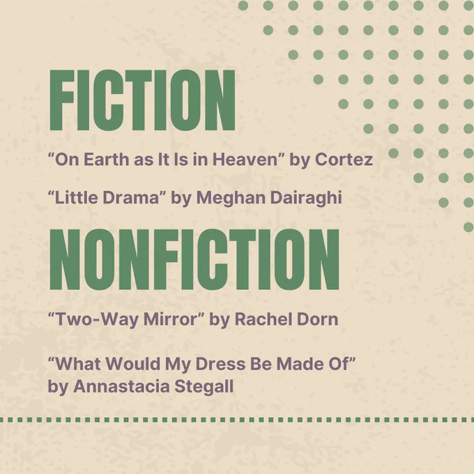 Fiction
"On Earth as It Is in Heaven" by Cortez
"Little Drama" by Meghan Dairaghi
Nonfiction
"Two-Way Mirror" by Rachel Dorn
"What Would My Dress Be Made Of" by Annastacia Stegall