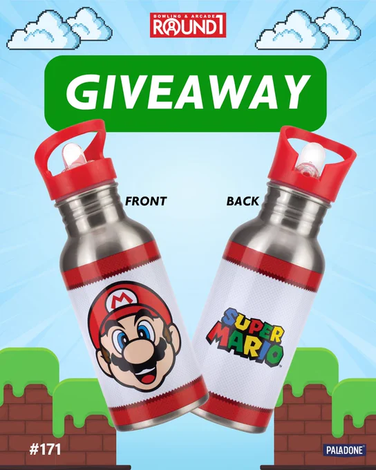 Promotional image for Round1 hosting a giveaway for two stainless steel water bottles that is Super Mario themed. One bottle shows the front design, and another bottle shows the back design. The background is styled to reminisce the game of Super Mario. 