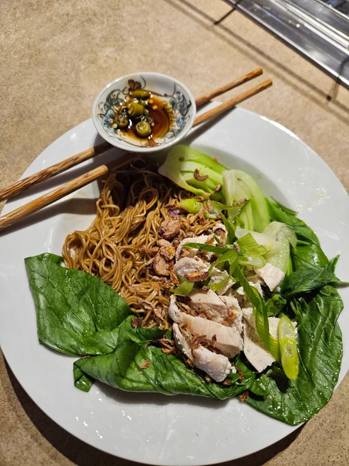 Dinner as described served on a round white soup plate. The pickled green chillies in soy sauce is in a small dish perched on a pair of wooden chopsticks lying atop the soup plate.