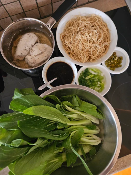 Ingredients clockwise from top left of a pot with poached chicken breast, a small dish of sauce made with oyster sauce, soy sauce, sesame oil, a bowl of egg noodles, a small dish of sliced pickled green chillies, a small bowl of sliced green onion, a metal mixing bowl with bokchoy cut lengthways.