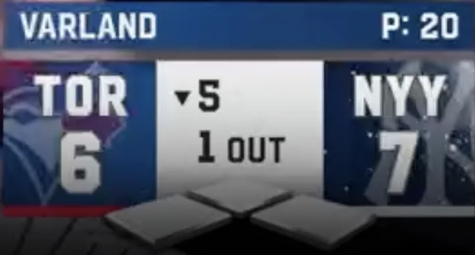 A screenshot of the scorebug during ALDS Game 3 between the Blue Jays and the Yankees. The score reads
TOR 6
NYY 7
Bottom of the 5th inning
1 out
Bases empty