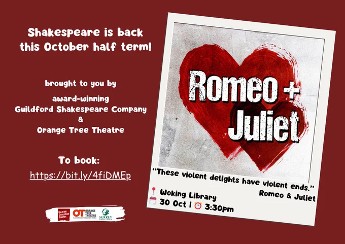Poster. Romeo and Juliet. brought to you by Guildford Shakespeare Company and Orange Tree Theatre. To book https://bit.ly/4fiDMEp . Logos of Orange Tree Theatre, Guildford Shakespeare Company and Surrey County Council.