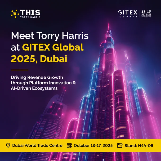 Promotional image for Torry Harris at GITEX Global 2025 in Dubai. Features a vibrant, neon-lit skyline of Dubai with the Burj Khalifa, emphasizing 'Meet Torry Harris at GITEX Global 2025, Dubai' and 'Driving Revenue Growth through Platform Innovation & AI-Driven Ecosystems'. Includes event details: October 13-17, Dubai World Trade Centre, Stand H4A-06, along with Torry Harris and GITEX Global logos.