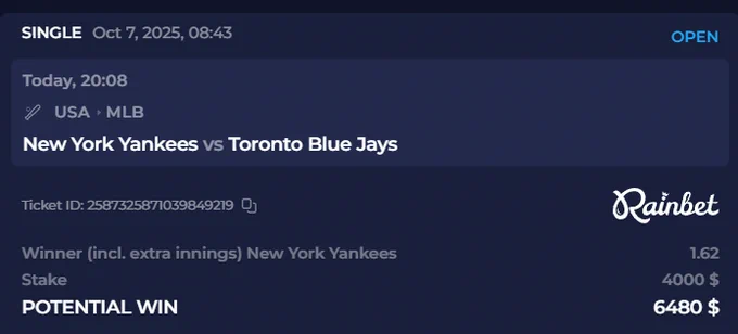 Massive Win on my Baseball Prediction! 
Yankees 9 Vs 6 Blue Jays ✅
Easy Win 😎