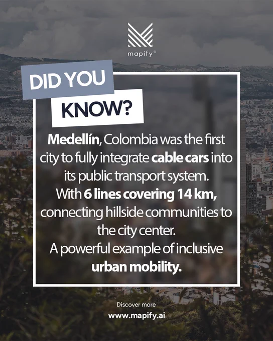 Infographic by Mapify featuring Medellín, Colombia, highlighting its pioneering role in urban mobility. The text explains that Medellín was the first city to integrate cable cars into its public transport system, with six lines covering 14 km and connecting hillside communities to the city center. The image promotes inclusive urban mobility and innovation in public transportation, with Mapify’s logo and website.