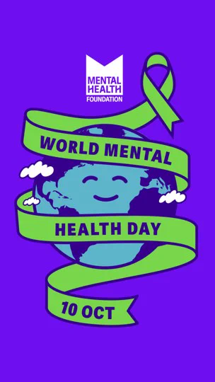 World Mental Health Day 10 Oct on a green ribbon around the globe with a relaxed face on it - logo from the Mental Health Foundation on a purple background.
