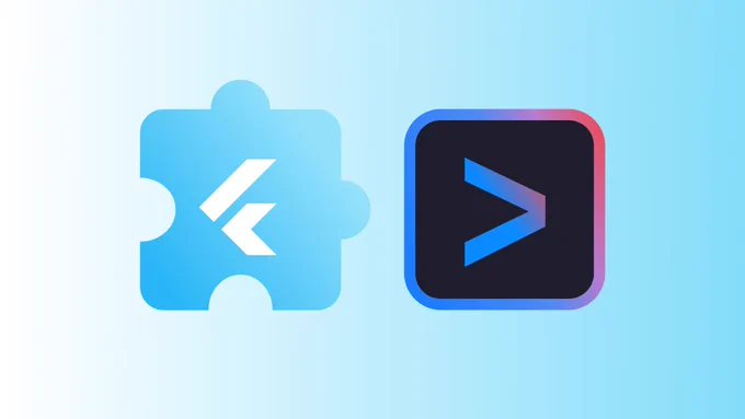 A light blue puzzle piece featuring the white Flutter logo is shown on the left, connecting to a dark gray rounded square icon on the right. The icon displays a prominent blue-to-pink gradient "greater than" symbol, representing a code editor or development environment, symbolizing the integration between Flutter and such tools.