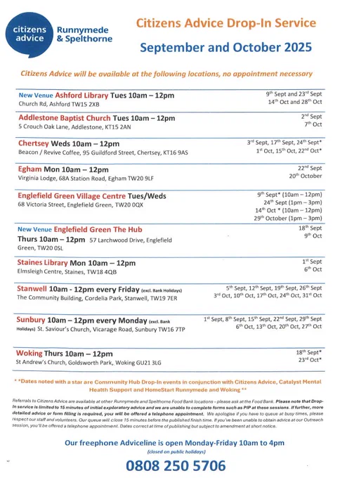 Citizens Advice Drop-In Service 14th and 28th October from 10am - 12pm at Ashford.