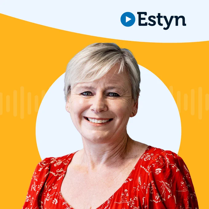 Portrait of a smiling individual in a red blouse, with the Estyn logo in the upper right corner, set against an yellow and white background.