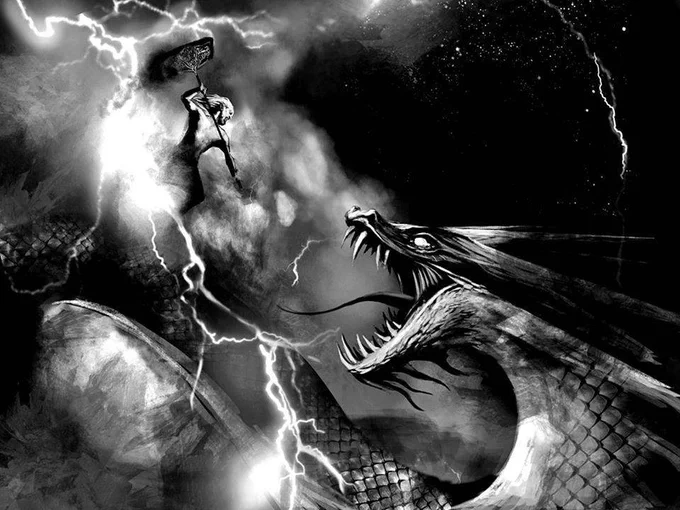 An unknown artist's depiction of the final battle between Thor and Jormungandr, showing Thor leaping with a massive, too-long instead of too short handled Mjolnir from a stormy mist into the Midgard Serpent, a massive snake with pointy teeth and a long tongue, with horns all over the serpent's back.