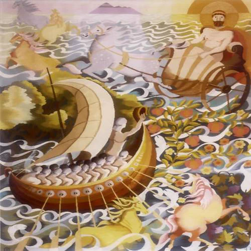 Artist energy69's depiction of the Voyage of Bran, showing in very stylized form a galley full of oars and a man hailing a coming chariot on a blue, green, and orange sea, the man within shirtless and looking like Leonidas from 300: he is Manannan macLir, and two other horses run on the other side of the ship, wildly greeting the voyagers. In the far distance, the silver light of Tir na nOg can be seen and a mountain beyond; the sun is setting around Mannanan's head.