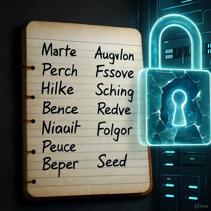 Cinematic close-up on a single, old-school Notepad/Journal page with 12 handwritten words (the seed phrase). The background is dark and futuristic, consisting of a glowing Neon Cyan server rack throwing light onto the page. A high-tech digital lock or glowing padlock icon is visibly broken or shattered next to the page. 
Aesthetic: Dark, high-contrast, analog vs. digital security.
 --ar 1:1