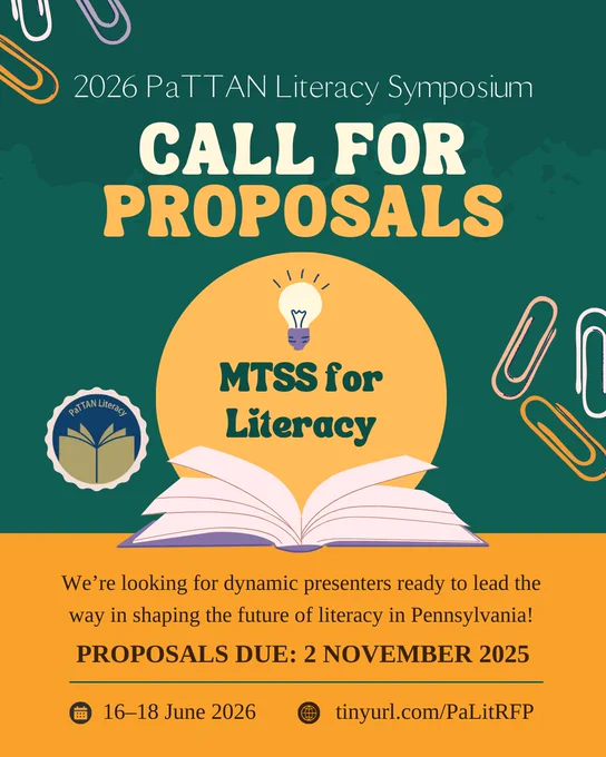 Green and yellow graphic with books. Text reading, 2026 PaTTAN Literacy Symposium. Save the Dates for June 16 to 18, 2026.