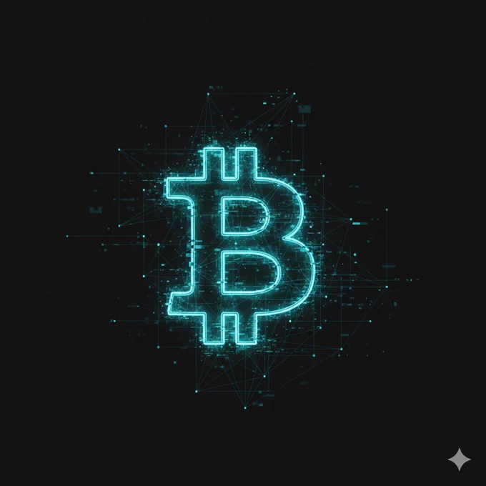 Minimalist dark setting. A single, stylized Bitcoin logo is rendered as a flickering, multi-layered, Neon Cyan signal passing through a web of faint, abstract lines against a pitch-black background. Use a filter that gives the image a slight glitch/encrypted look, emphasizing movement and untraceability. --ar 1:1