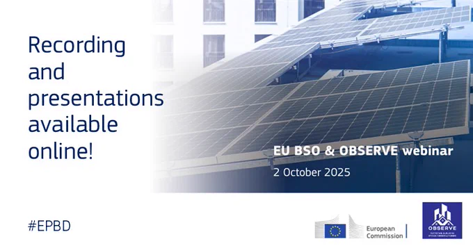 Recording and presentations available online! EU BSO and OBSERVE webinar 2 October 2025. Photo in blue showing solar panels on building rooftop.