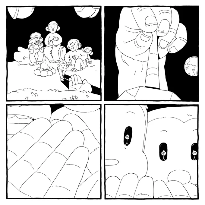 Shown from worm-in-a-rock god’s perspective. Our primate gestures to them and one of the children approaches. The primate picks worm-in-a-rock god up off their head and holds it in their palms. The children look so close that worm-in-a-rock god can see its reflection in their eyes.