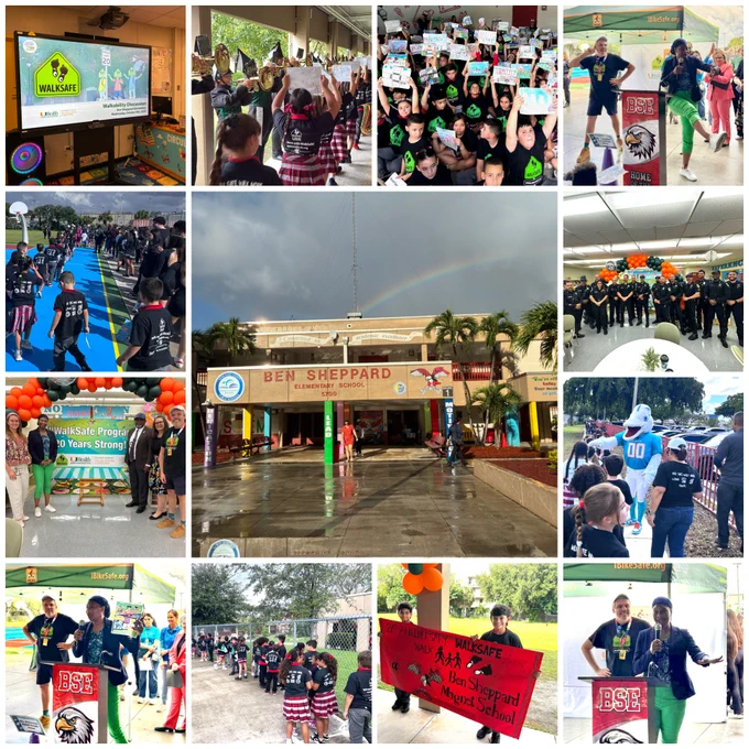 Collage of 13 photos from National Walk to School Day at Ben Sheppard Elementary School, hosted by the University of Miami Miller School of Medicine’s WalkSafe program. The images show students holding signs and certificates, walking together outdoors, and participating in safety-themed activities. Teachers, staff, and community partners, including Miami-Dade T.P.O. staff, law enforcement and a sports mascot, join the celebration. The school entrance is decorated with balloons, banners, and a rainbow appears over the building, highlighting the festive atmosphere promoting safe and active travel to school.
