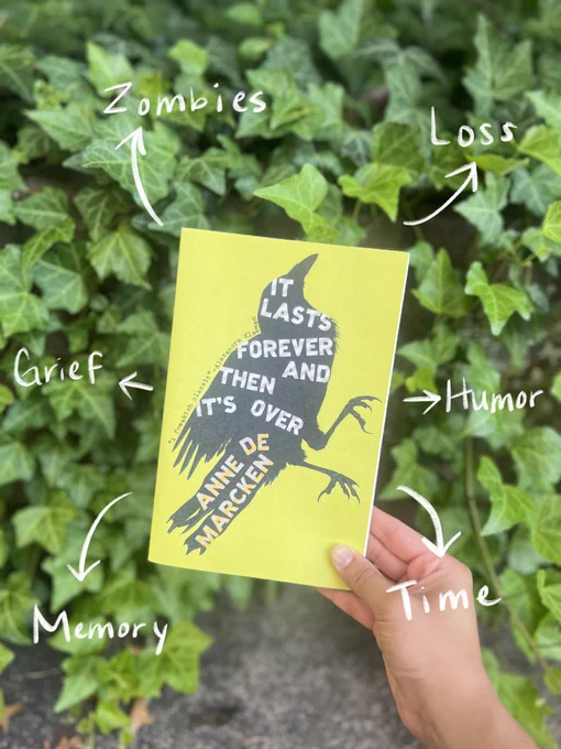 A hand holds up IT LASTS FOREVER AND THEN IT'S OVER by Anne de Marcken up against a wall of ivy. Surrounding the book are arrows pointing to the words Zombies, Loss, Grief, Humor, Memory, and Time. 