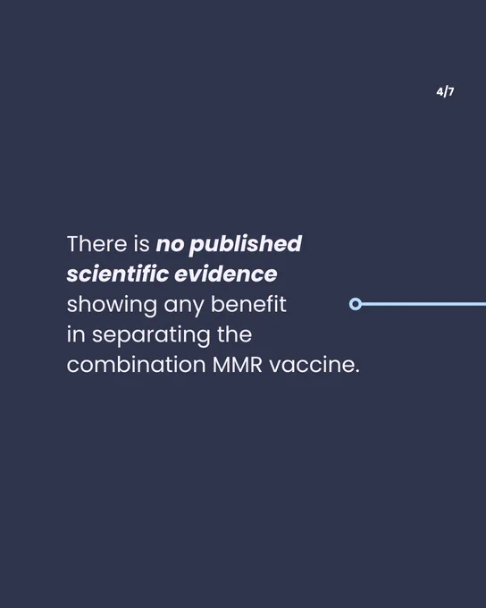 text on slide reads: There is no published scientific evidence showing any benefit in separating the combination MMR vaccine.