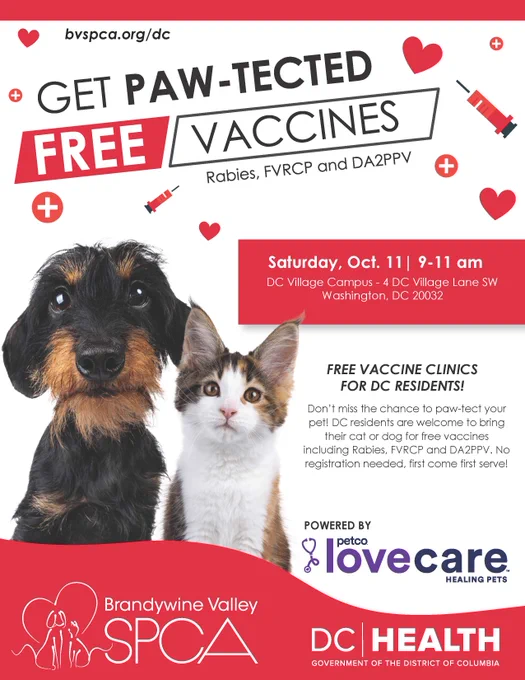 Image of cat and dog with the message, "Our partner @BVSPCA_DC is offering FREE vaccines (rabies, DA2PPV & FVRCP) to DC residents.  Saturday, October 11, from  9:00-11:00 am, DC Village Campus - 4 DC Village Lane SW. No registration needed, first come first serve!"