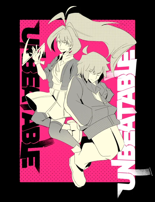 An illustration of UNBEATABLE protagonists Treble and Clef done by cinematics artist Rei Lynn. They are set against a pink background with the game's logos present