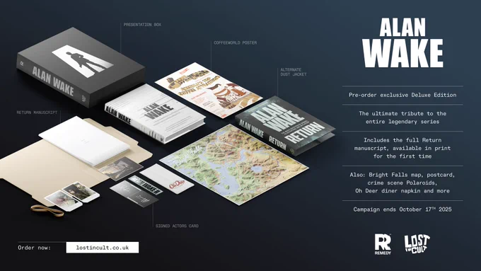 Promotional image for Alan Wake Design Works Deluxe Edition, including all the extras that come with the edition. Along with the book, what's pictured is a presentation box, the Return manuscript, a signed actors card, Oh Deer Diner napkin, Coffee World poster, alternate Return dust jacket, Bright Falls map. The ultimate tribute to the entire legendary series. Includes the full Return manuscript, available in print for the first time. Also: Bright Falls map, postcard, crime scene Polaroids, Oh Deer diner napkin and more. Campaign ends October 17th 2025.